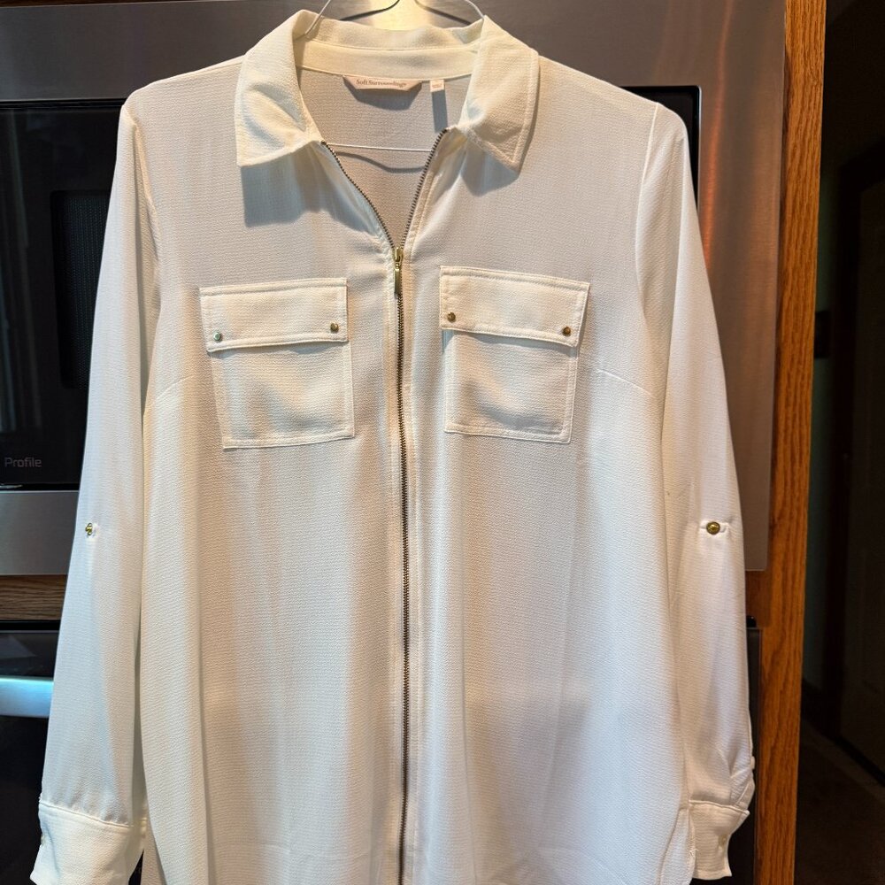 Soft Surroundings Zip Down Front Long Sleeve Blouse Cream L